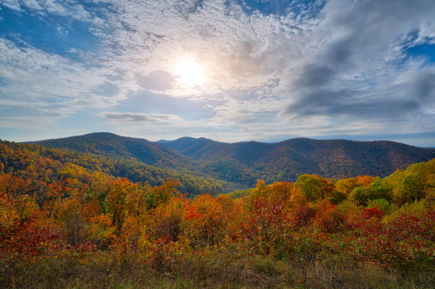 Sunshine on the Shenandoah Mountain range The beautiful fall colors in Shenandoah National Park. skyline drive virginia photos stock pictures, royalty-free photos & images