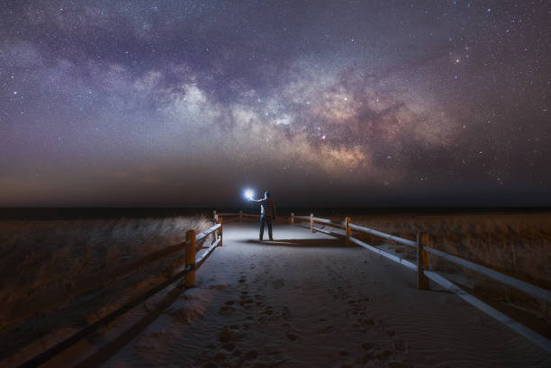 istock Man illuminating a beach path under the Milky Way Galaxy 659664132