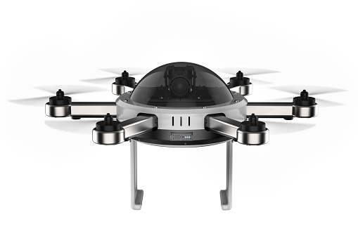 3d rendering drone camera with six blades spinning isolated on white