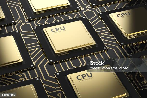 Gold In Cpu Gold Cpu Chips In A Row Stock Photo - Download Image Now - Black Color ...