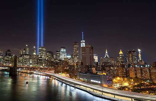 A breathtaking view of the 9/11 Lights, Brooklyn Bridge and the Westside highway.