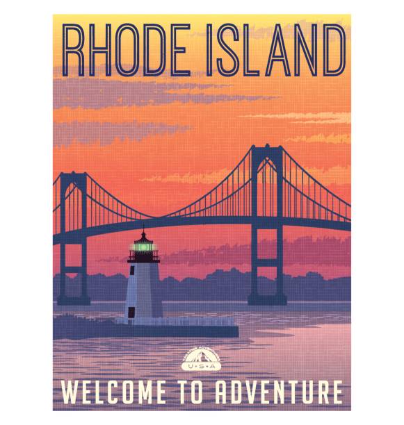 illustrations, cliparts, dessins animés et icônes de affiche de voyage de rhode island ou autocollant. illustration vectorielle de newport bridge et le port de lumière au lever du soleil. - rhode island