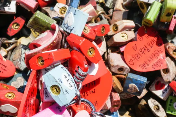 Photo of close up colorful locks of love taken at N Seoul Tower on 14 February 2017