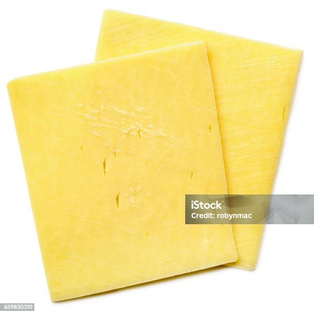 Cheese Slices Isolated On White Top View Stock Photo - Download Image Now - Cheese, Slice of Food, White Background