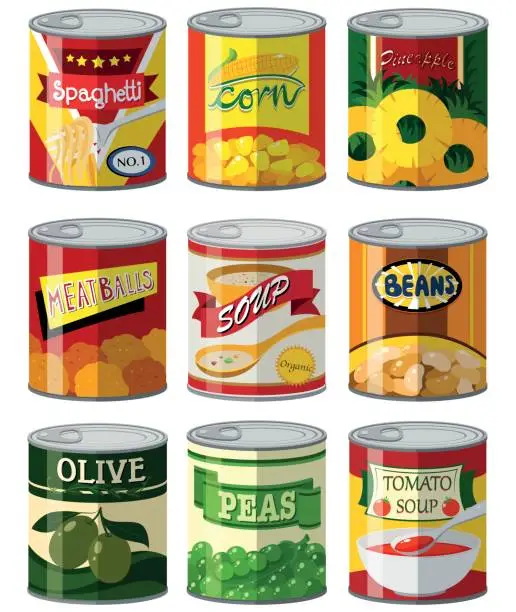 Vector illustration of Different types of food in can