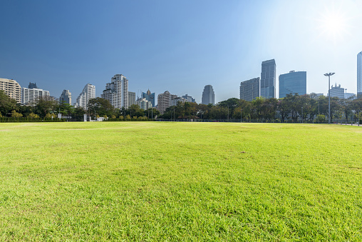 Green grass field in park at city center with blue sky and sun reflection