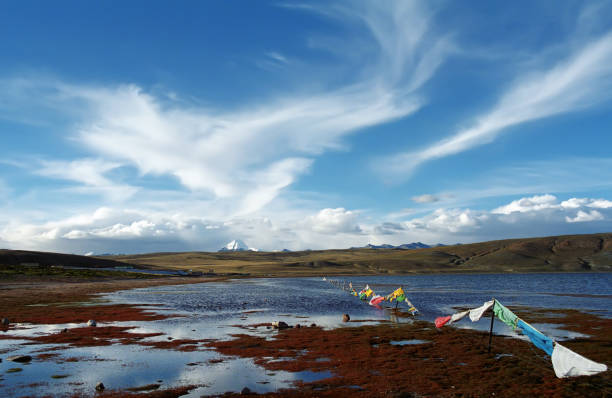 a orillas del sagrado lago manasarovar en tíbet occidental. - tibetan buddhism wind tibet horizontal fotografías e imágenes de stock