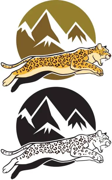 Vector illustration of Jumping Leopard And Mountain Background