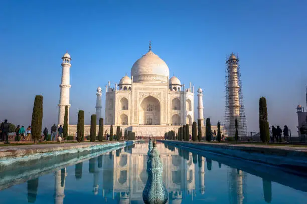 Photo of A perspective view on Taj-Mahal mausoleum with reflection in water.