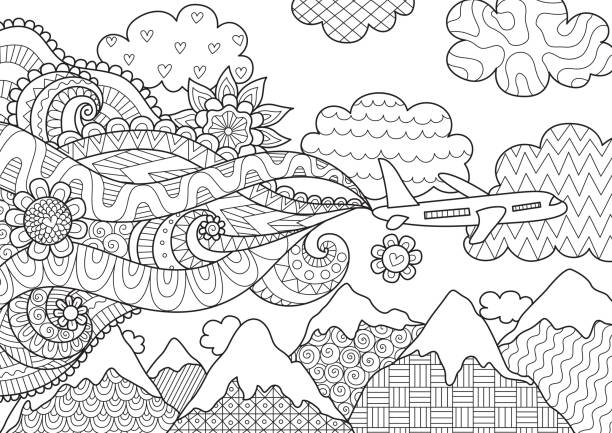 airplane design of airplane flying over beautiful mountain for print like adult coloring book,book cover,illustration,card, poster,banner and so on. coloring book page illlustration technique illustrations stock illustrations