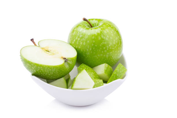 istock Fresh green apples in white bow isolated on white background. 659932742