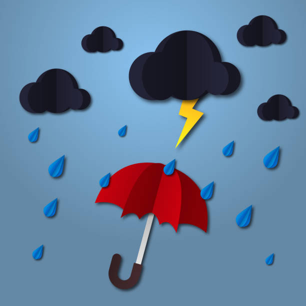 istock Umbrella in the air with cloud and rain. Paper art style. Projects template for business. Vector art and illustration. 659956576