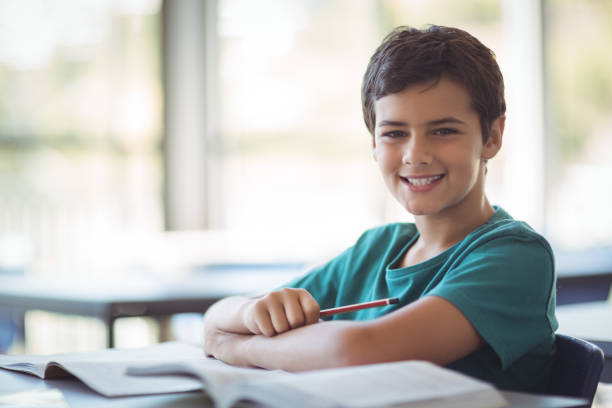 istock Portrait of happy schoolboy studying in classroom 659971588