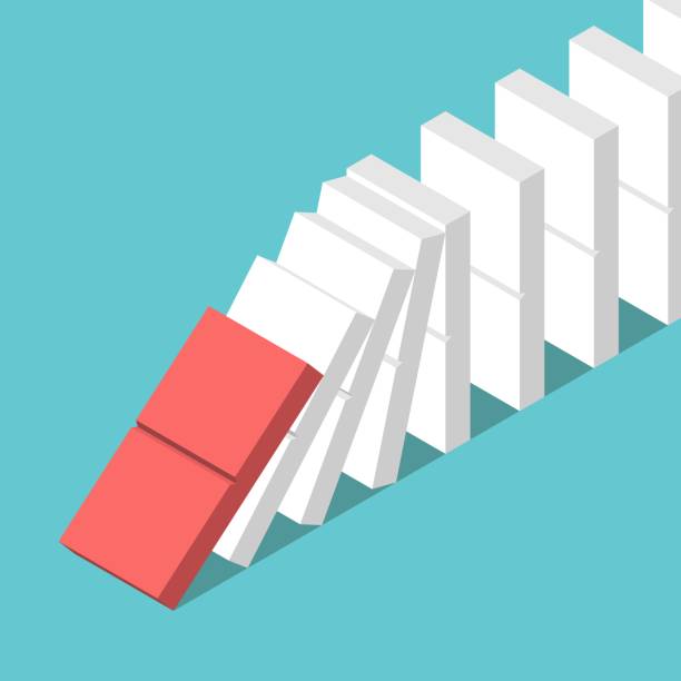 Domino effect starting Red tile starting domino effect and many white ones on turquoise blue background. Crisis, leadership and motivation concept. Flat design. No transparency, no gradients domino stock illustrations