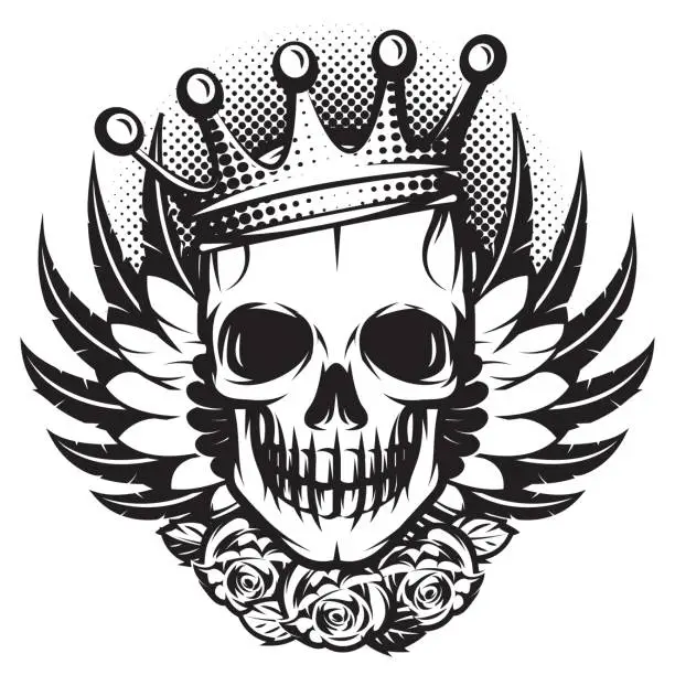 Vector illustration of Monochrome skull with crown, wings and roses on white background.Vector illustration