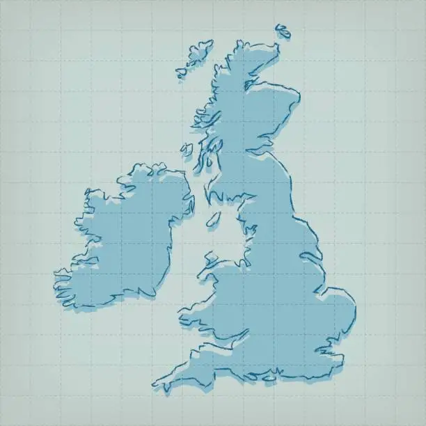 Vector illustration of United Kingdom scribbled map on grid retro background