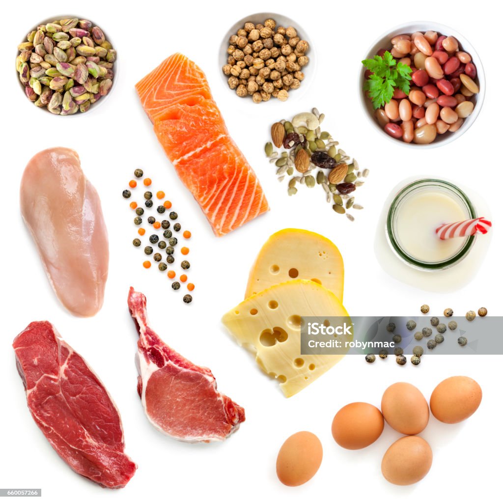 Food Sources of Protein Isolated Top View Food sources of protein, isolated, top view.  Includes meat, fish, dairy, beans, nuts and seeds. White Background Stock Photo