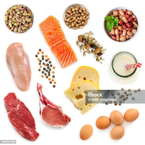 Food Sources Of Protein Isolated Top View Stock Photo - Download Image Now - White Background, Protein, Meat