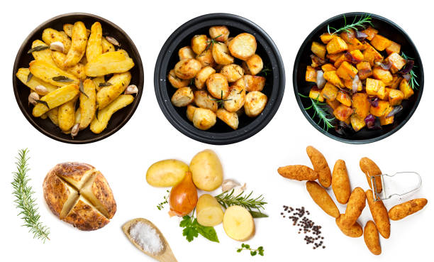 collezione di piatti di patate isolata vista dall'alto - roasted potatoes prepared potato herb food foto e immagini stock