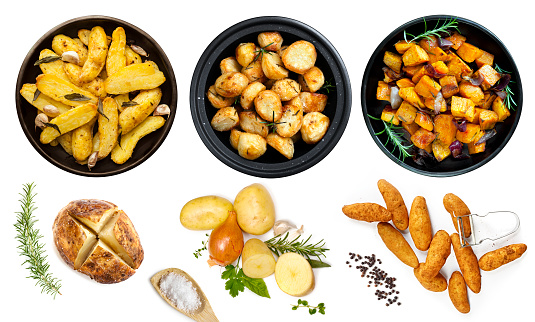 Collection of potato dishes, isolated on white.  Top View.  Includes raw and cooked.