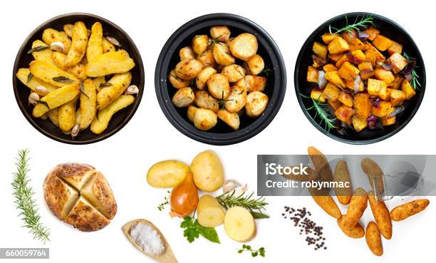 Collection Of Potato Dishes Isolated Top View Stock Photo - Download Image Now - Raw Potato, Prepared Potato, High Angle View