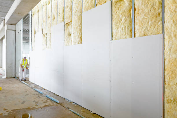 Front view of gypsum wall, plasterboard is under construction