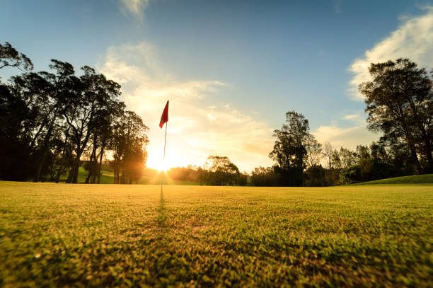 поле для гольфа - golf golf flag sunset flag стоковые фото и изображения