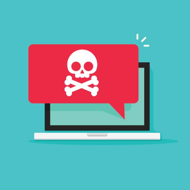 Alert notification on laptop computer vector, malware concept, spam data, online scam, virus Alert notification on laptop computer vector, malware concept, spam data, fraud internet error, insecure connection, online scam, virus hacker laptop stock illustrations