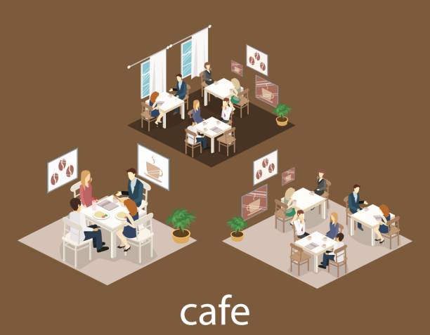 Isometric interior of coffee shop. flat 3D isometric design interior cafe or restaurant. People sit at tables and eat. Isometric interior of coffee shop. flat 3D isometric design interior cafe or restaurant. People sit at tables and eat. Concept illustration of the room. billy bowlegs iii stock illustrations