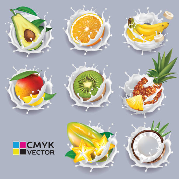 ilustraciones, imágenes clip art, dibujos animados e iconos de stock de frutas exóticas en splash de yogur - frutas tropicales