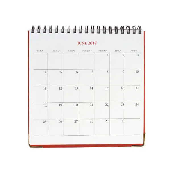 Calendar of June 2017 isolated on white background with clipping mask.