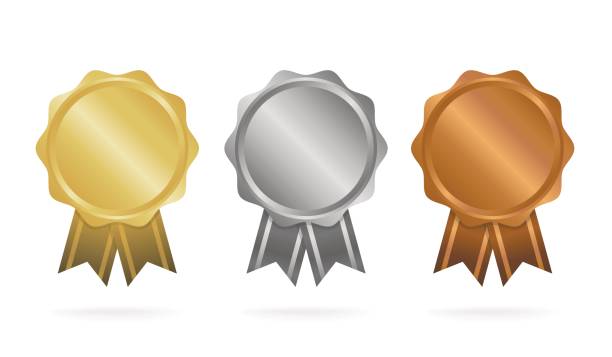 ilustrações de stock, clip art, desenhos animados e ícones de first place. second place. third place. award medals set isolated on white with ribbons and stars. vector illustration. - award bronze medal medal ribbon