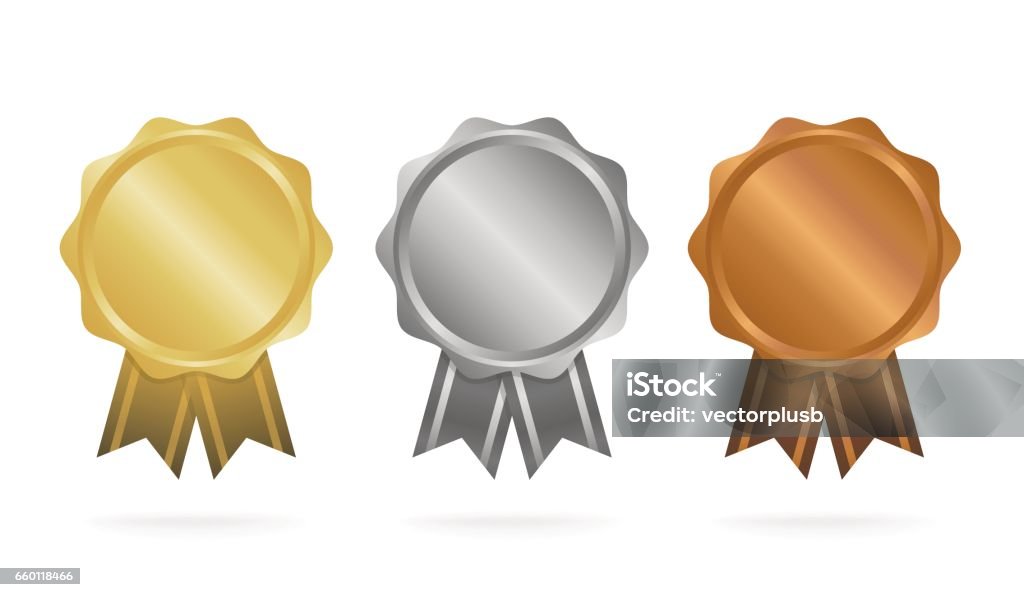 First place. Second place. Third place. Award Medals Set isolated on white with ribbons and stars. Vector illustration. Gold Medal stock vector