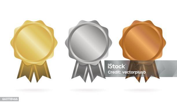 First Place Second Place Third Place Award Medals Set Isolated On White With Ribbons And Stars Vector Illustration Stock Illustration - Download Image Now