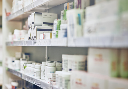 Cropped shot of shelves in a pharmacy