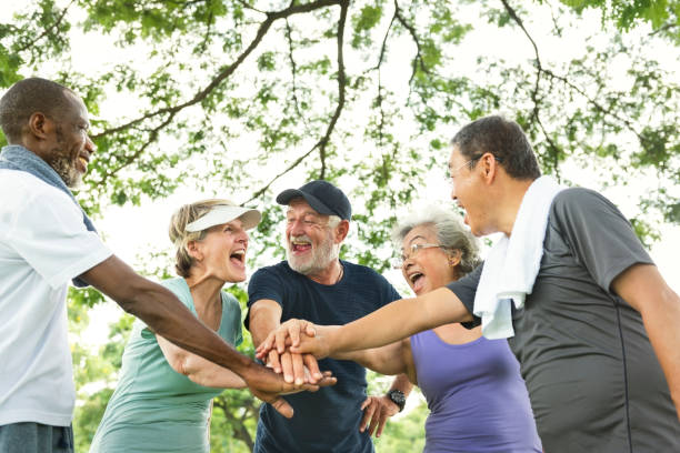 group of senior retirement exercising togetherness concept - human age multi ethnic group variation group of people imagens e fotografias de stock