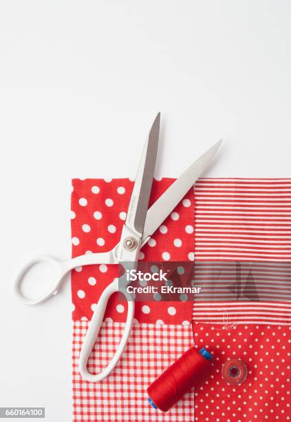 Sartorial Scissors Pieces Of Colored Fabric On A White Background Stock Photo - Download Image Now