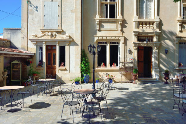 France, Provence - July 16, 2014: Empty coffee terrace with tables and chairs, Provence, France