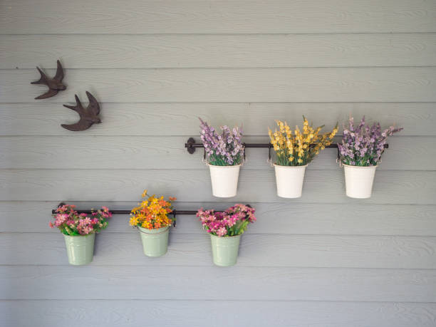 istock flower in a pot on a wooden wall 660208036
