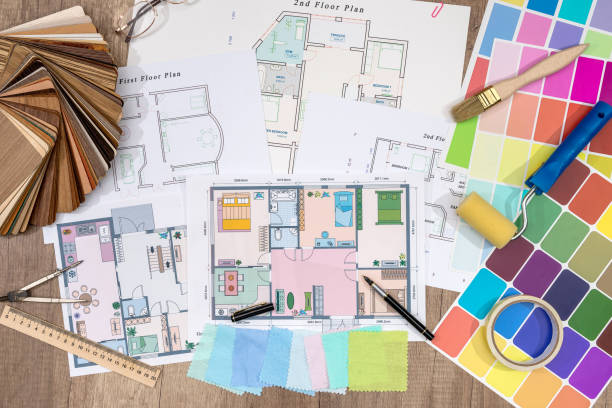 istock design concept with material laminate  sample and house plan blueprints. 660221656