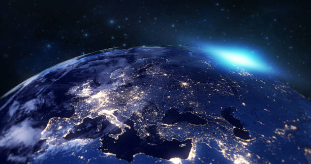 istock blue planet earth from space showing europe continent at night, globe world with blue glow edge and sun light sunrise, some elements of this image furnished by NASA 660237666
