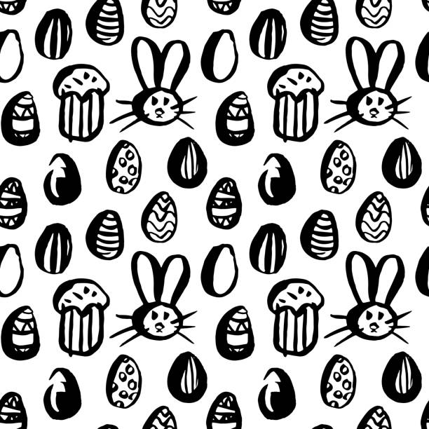 그런 지 브러쉬 부활절 완벽 한 패턴 - easter egg paint black and white drawing stock illustrations