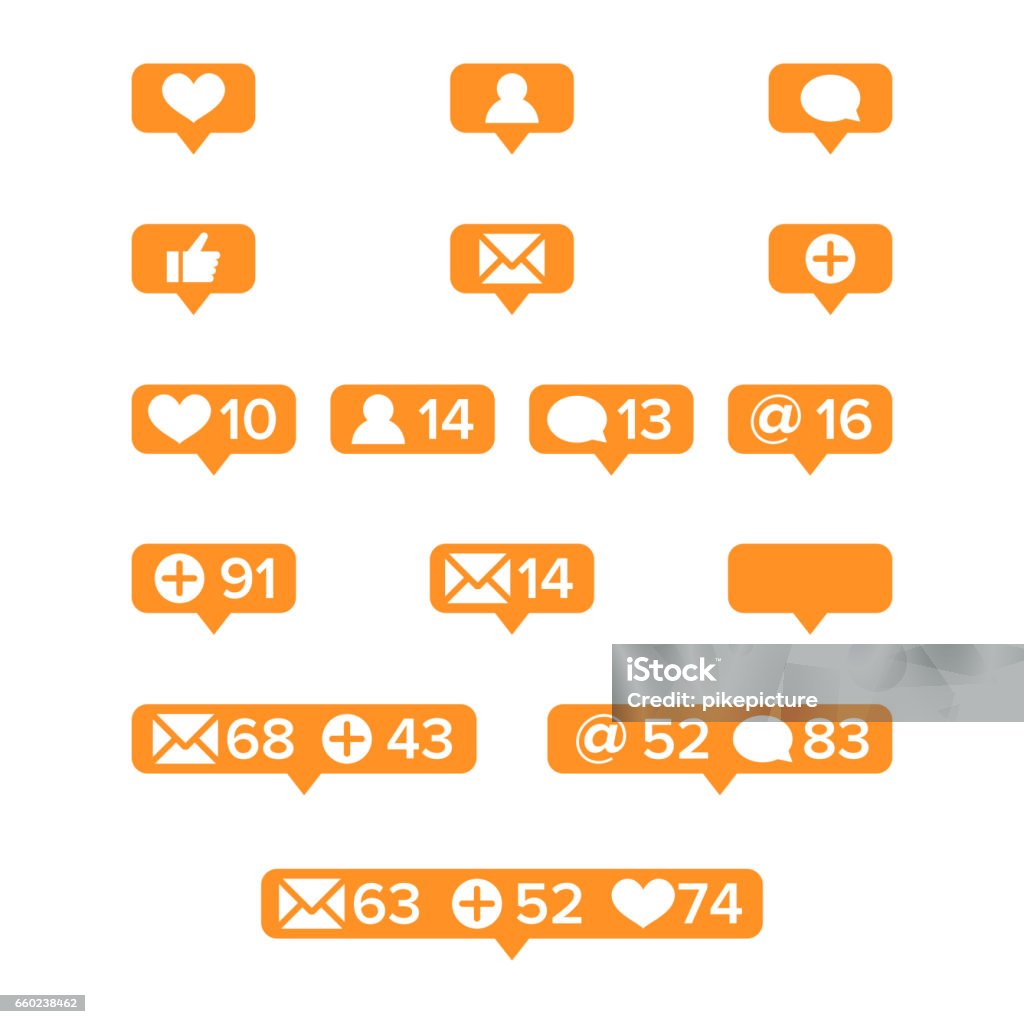 Notifications Icons Template Vector. Social network app symbols of heart like, new message bubble, friend request quantity number. Smartphone application messenger interface web notice set Notifications Icons Template Vector. Social network app symbols of heart like, new message bubble, friend request quantity number. Smartphone application messenger interface web notice Pop Up Store stock vector