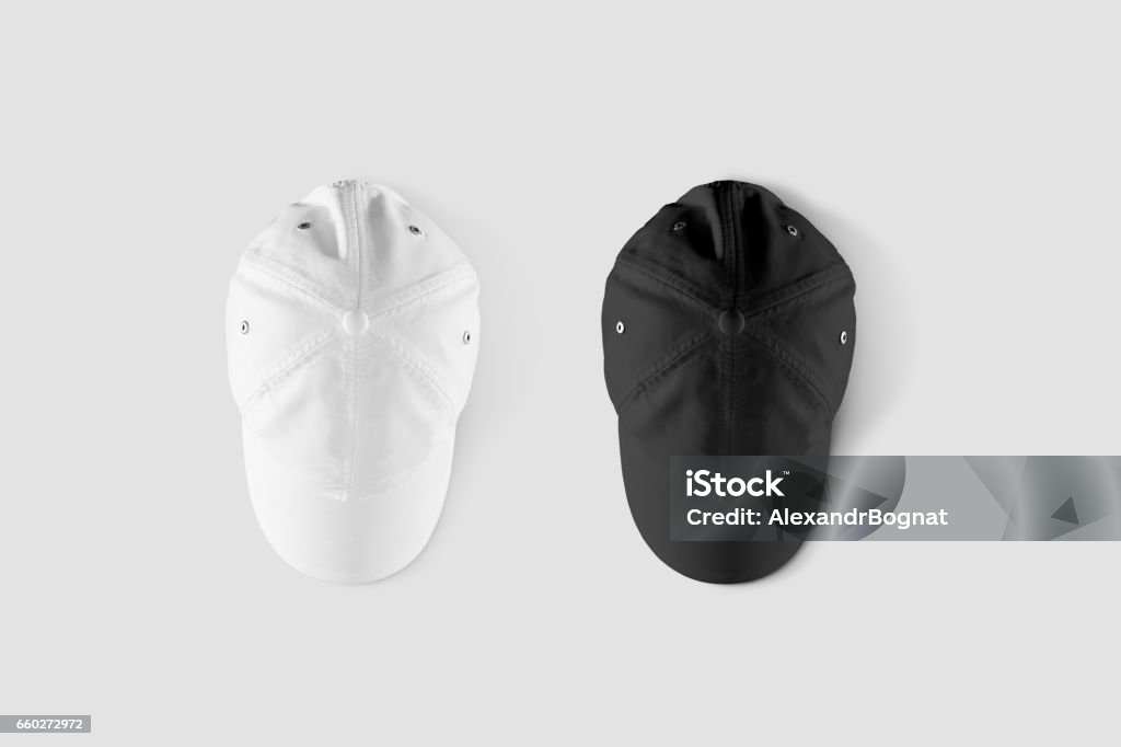 Blank black and white baseball cap mockup set, top side view Blank black and white baseball cap mockup set, top side view. Clear snap back mock up, from above, isolated. Empty snapback design template. Sport hat accessory model. Head wearing dress presenation White Color Stock Photo