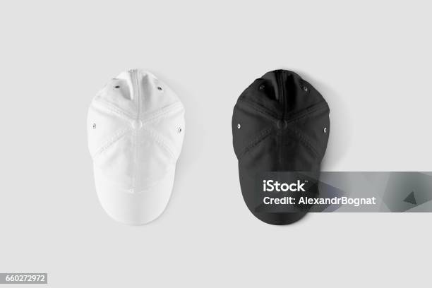 Blank Black And White Baseball Cap Mockup Set Top Side View Stock Photo - Download Image Now