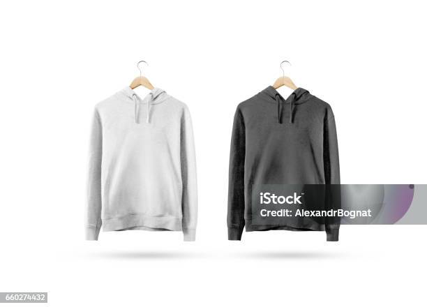 Blank Black And White Sweatshirt Mockup Hanging On Wooden Hanger Stock Photo - Download Image Now