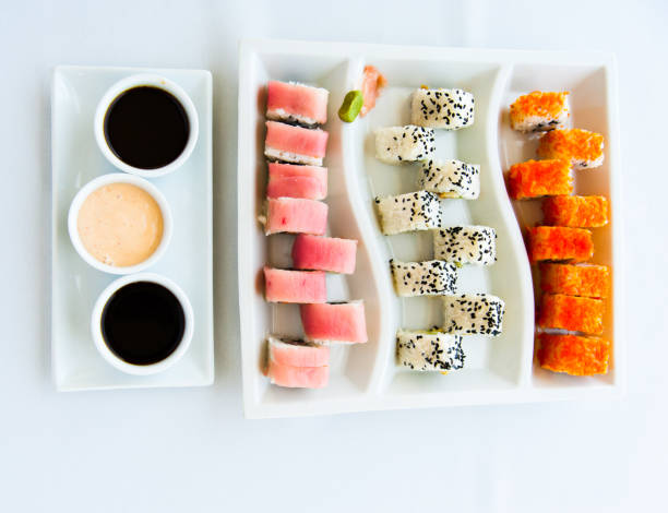 istock Sushi Assortment on white plate and white background 660286232