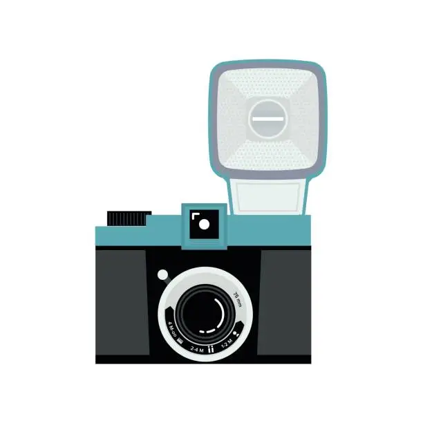 Vector illustration of Blue and black analog film camera icon. Flat vector illustration. Front view.