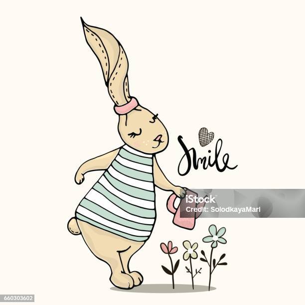 Cute Little Bunny Girl With Watering Can Hand Sketched Cartoon Rabbit Stock  Illustration - Download Image Now - iStock