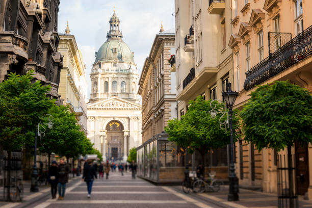 Zrinyi Street and St Stephen's Basilica in Budapest at day